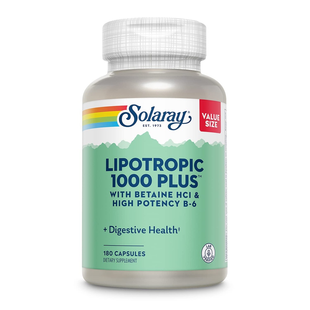 SOLARAY Lipotrop 1000 Plus cu betaină HCl & mare potenta B-6, Digestie sanatoasa, Energie, și Fat Metabolizare de sprijin, Lipotrop Complex Plus Aloe Vera, 60 Ziua de garantare, 30 Serviri, 180 capsule