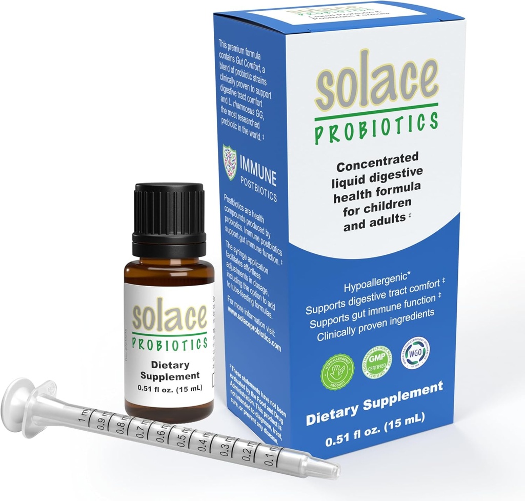 Solace Probiotice lichid Formula pentru adulți și copii - concentrat Blend pentru Digestive Health and Imunity, Clinic Cercetat, Easy Syringe Application, Hypoallergenic - 15mL