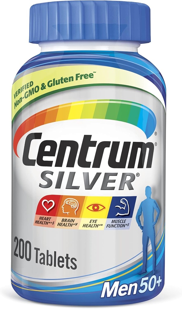 Centrum Silver Multivitamine pentru bărbaţi 50 Plus, Multivitamine / Multivitamineral Supliment cu vitamina D3, B Vitamine şi zinc, Gluten gratuit, Ingrediente non-GMO - 200 Conte