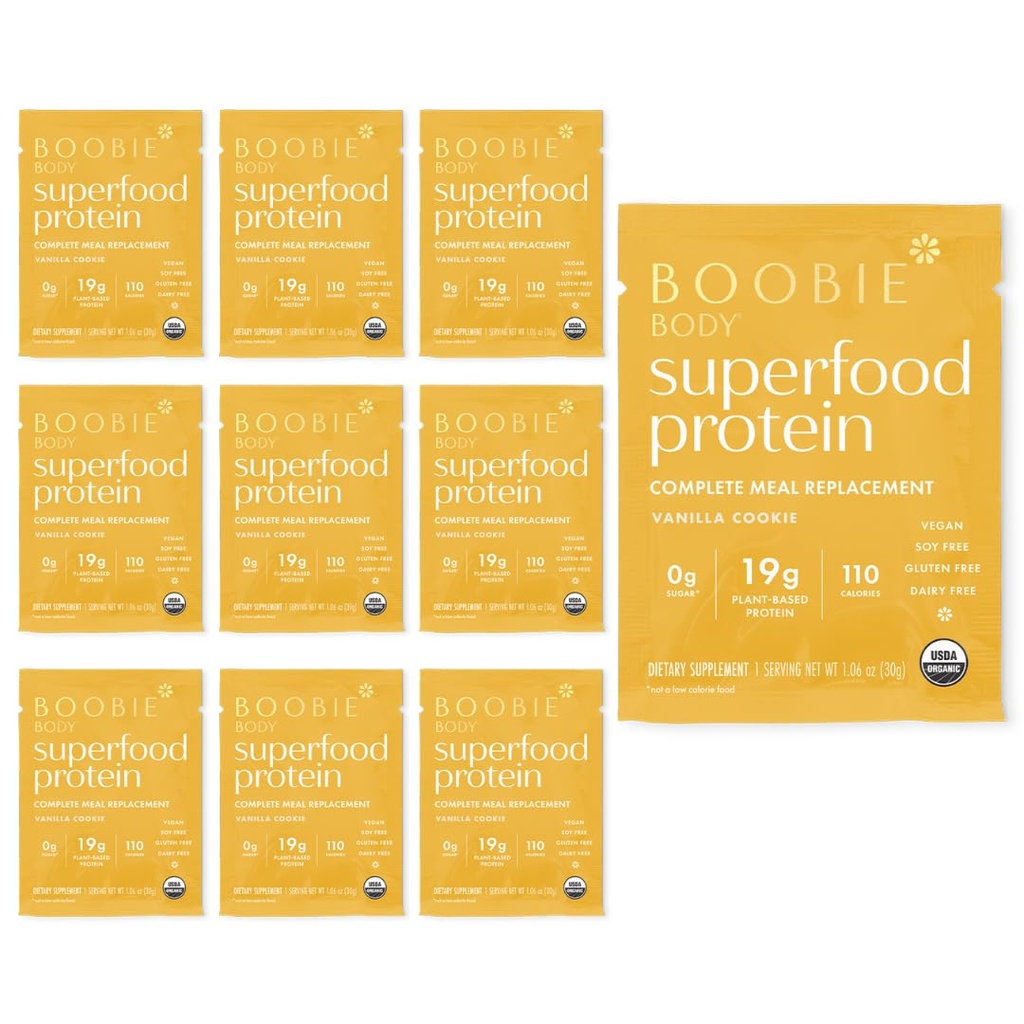 Boobie Body Superfood Proteina Shake pentru mame, Sarcina și Alăptarea Suport Pudră de proteine pentru a crește de aprovizionare cu lapte, Probiotice, Organic, Dairy-Free, Gluten-Free Vegan Vanilla Cookie Srv 10pk