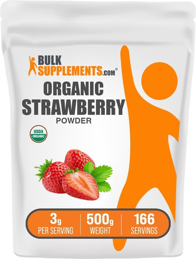 BulkSupplements.com Pudră organică de căpșuni - Pulbere de fructe din căpșuni organice - fără zahăr adăugat & Gluten gratuit, 3g per Serving, 500g (1.1 lbs) (Pachet de 1)