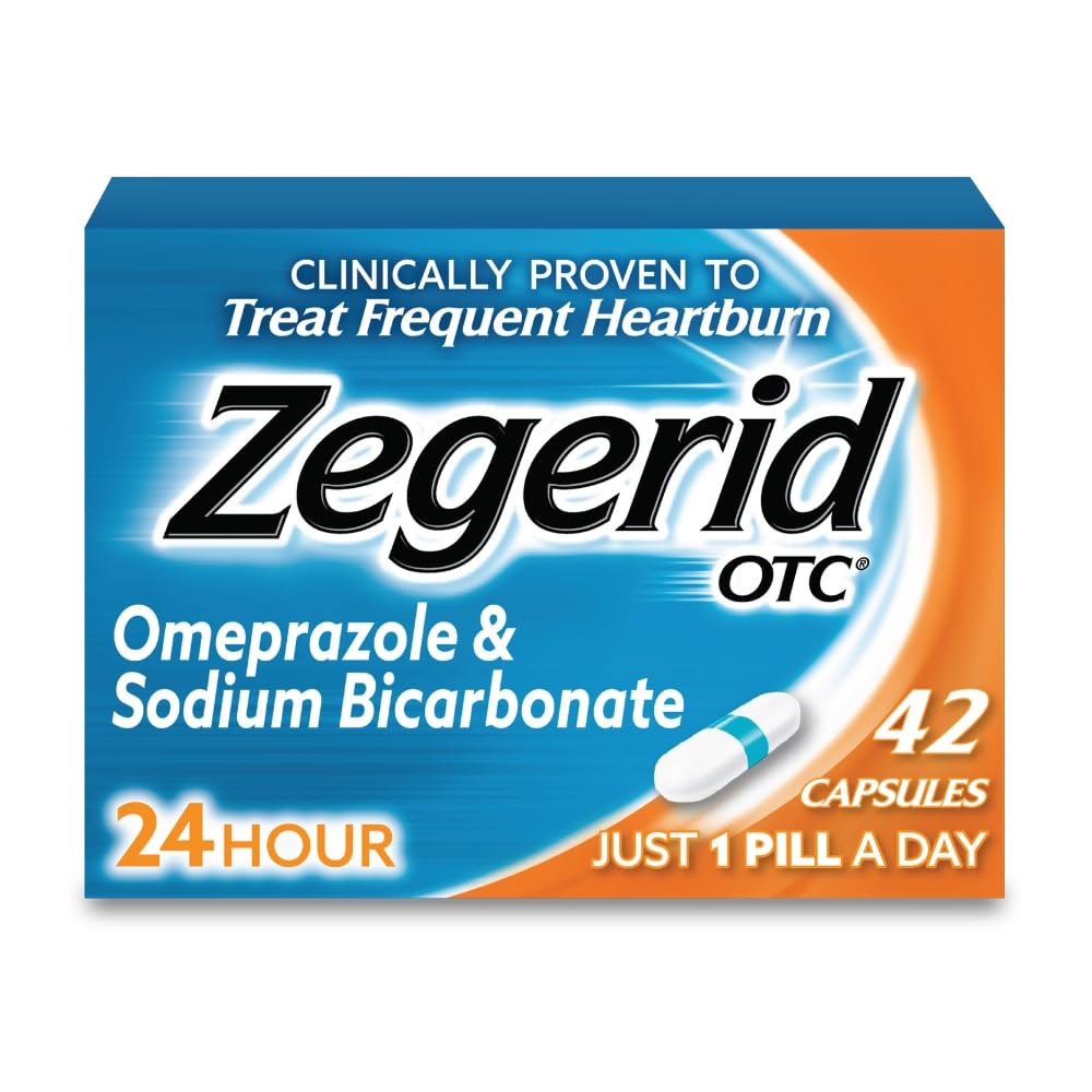 Zegerid OTC, 24-Hour Arsuri la stomac Relief, Acid Reflux Medicina si Antiacid, Tratează Arsuri frecvente la stomac, Omeprazol 20mg + Bicarbonat de sodiu, Inhibitori ai pompei de Proton (PPI), 42 capsule