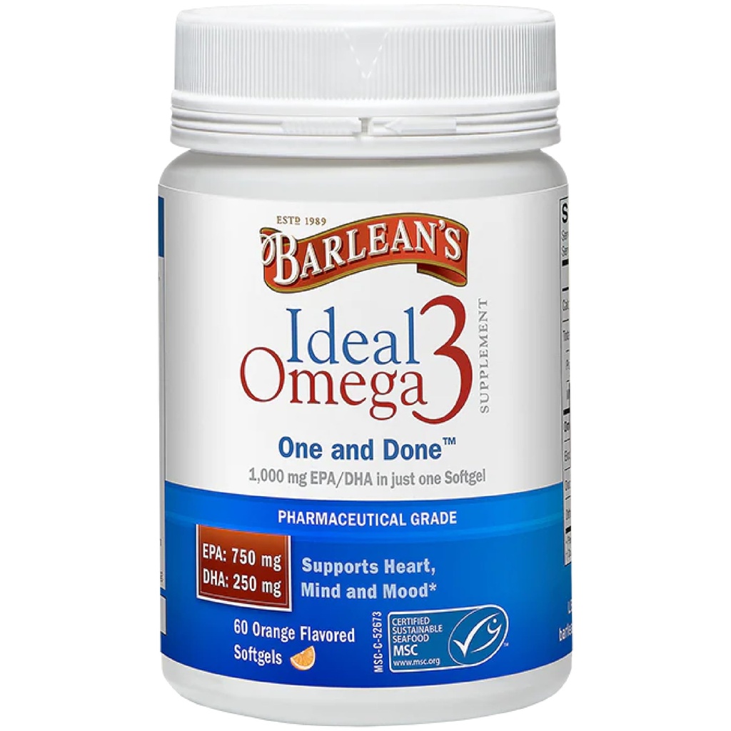 Suplimentul Omega 3 de ulei de peşte al lui Barlean, 1000 mg Softgels, EPA de grad farmaceutic & DHA pentru creier, articulaţie, & Heart Health, Orange Flavor, 60 t