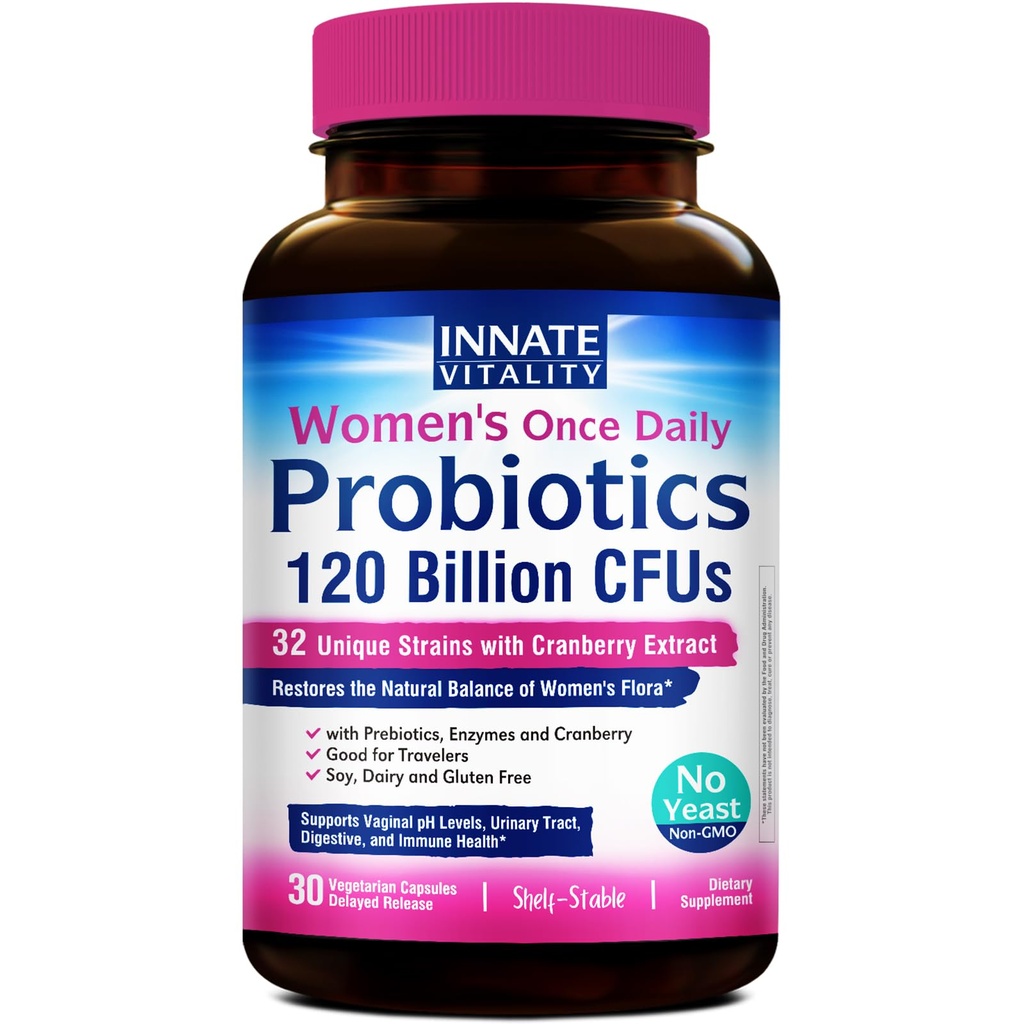 Vitalitate înnăscută Probiotice pentru femei, 120 de miliarde CFU, 32 de tulpini testate, Probiotice pentru femei, Controlul Drojdii, Suportul pH-ului vaginal, Prebiotice, Enzime digestive, Cranberry, Once Daily 30 Capsule Veggie