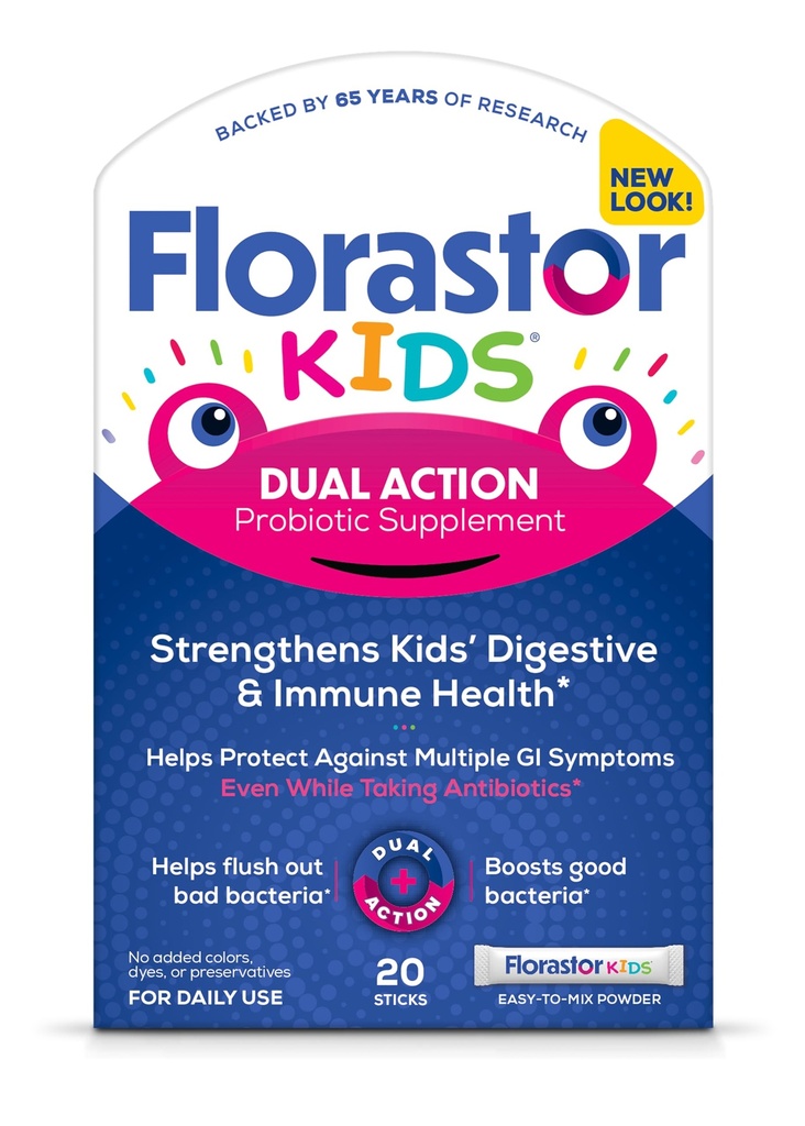 Florastor copii acțiune dublă supliment probiotic, consolidează Digestive copii și sănătatea imună, 20 Easy-to Mix pulbere sticks, ambalare mai Vary