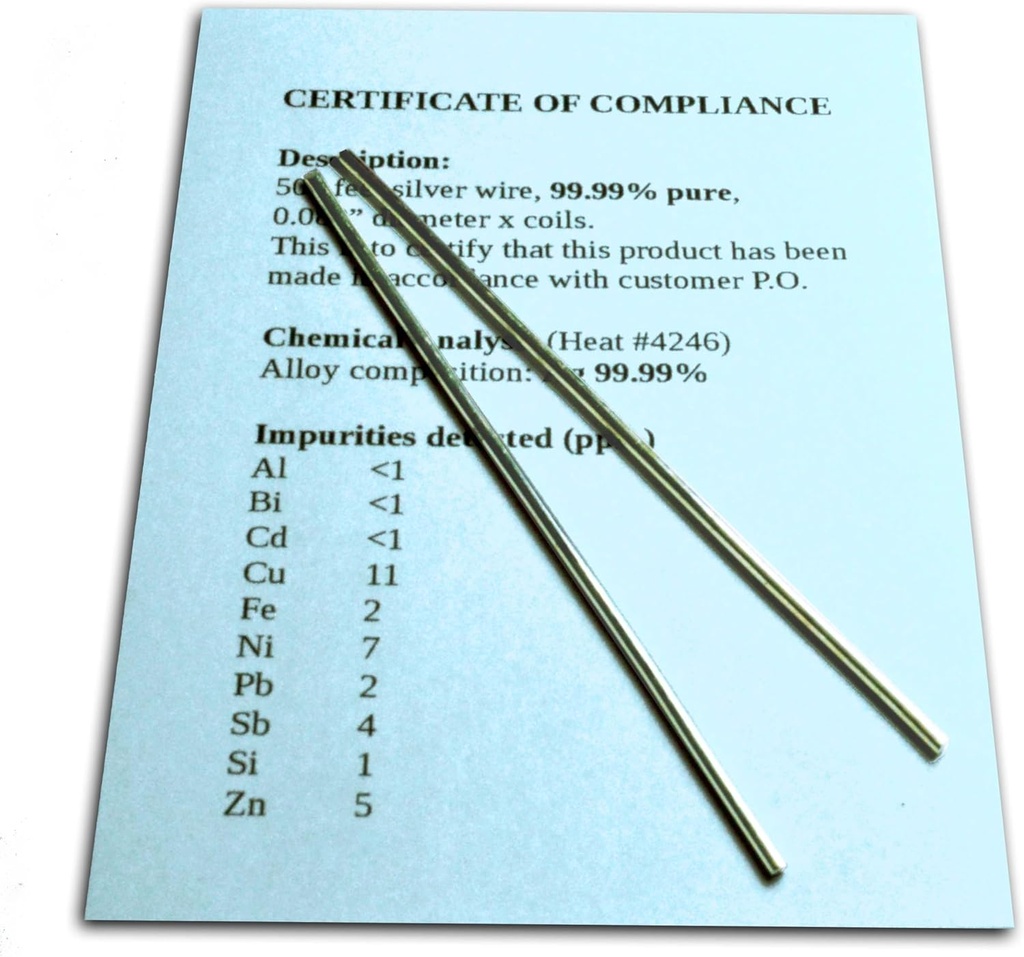 Generator de argint coloidal de fir garantat 99.99% Pur - Set de (2) 4" Electrode Roduri 12-Gauge (0,08 in. / 2.06 mm) cu Certificat de conformitate / Analiza chimică completă a compoziției aliajului