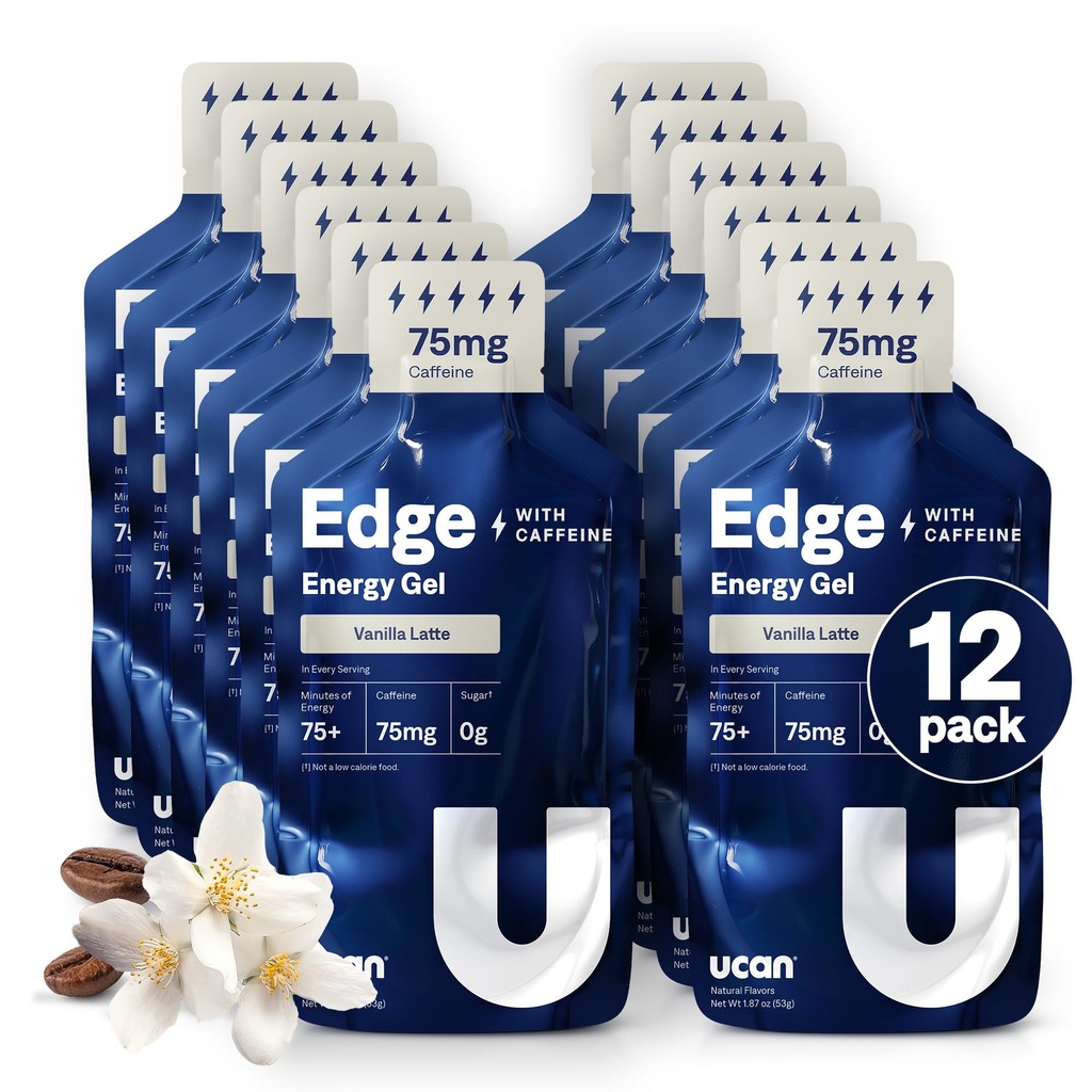 UCAN Edge Energy Gel Shots, Vanilla Latte + Caffeine (12, 2 Ounce Packets) pentru funcționare, formare, antrenamente, Fitness, Ciclism, Crossfit 