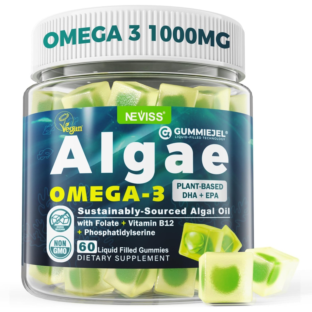 Vegan Omega-3 Gume pentru adulți, Ulei de pește Alternative de ulei de alge, Plant based DHA 460mg & EPA 230mg Plus MethylFolate, Vitamina B12, Fosfatidilserină, Nu Gust de pește, Vegan, Zahăr gratuit, 60 Cts