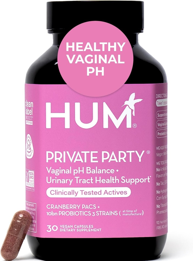 HUM Private Party Probiotice vaginale pentru femei, pH-ul echilibru și tractul urinar suport Probiotic Vaginal Supliment cu Cranberry & Lactobacillus Blend, Femei de sănătate Pastile de afine, 30 capsule
