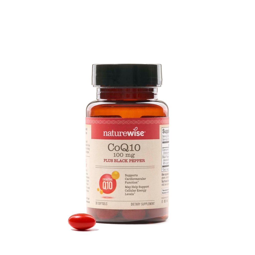 NatureWise CoQ10 100mg + Black Pepper Softgels - Coenzime de înaltă absorbţie Q10 + Pepper negru - Antioxidant pentru sănătatea inimii + Energie celulară - Vegan, Non-GMO, Gluten-Free - 30 Conte[30-Day Supply]
