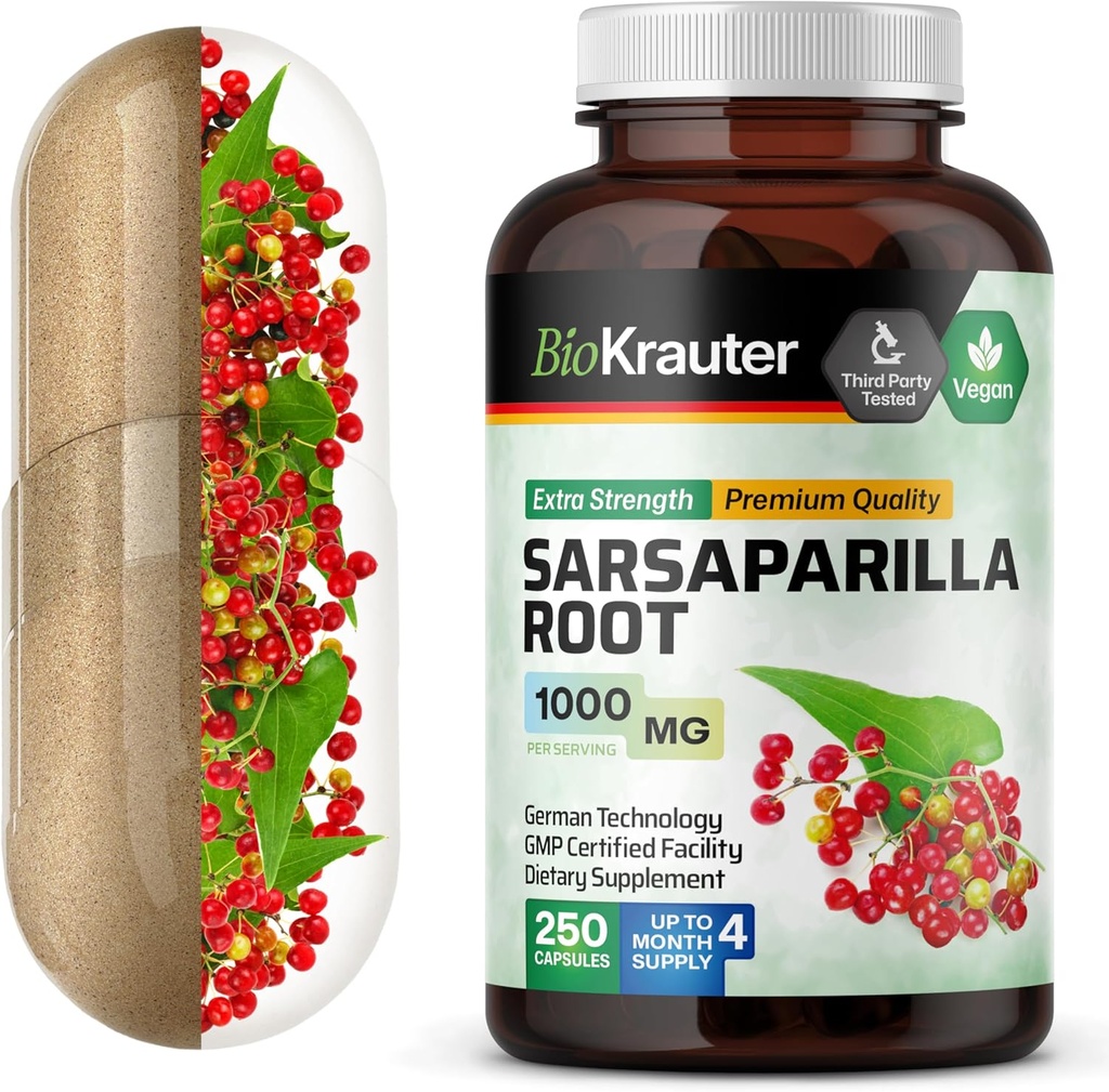 BIO KRAUTER Sarsaparilla Root Capsule - 1000 mg Putere - 250 Vegan Sarsaparilla Extract Caps - Nu Fillers
