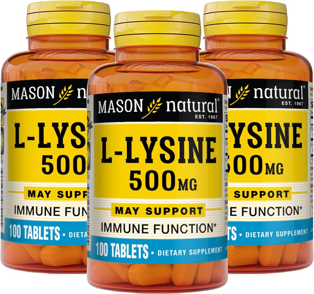 MASON NATURAL L-Lysine 500 mg cu funcţie imună îmbunătăţită de calciu, absorbţie crescută de nutrient, acid amino esenţial, 100 comprimate (pachet de 3)