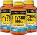 MASON NATURAL L-Lysine 500 mg cu funcţie imună îmbunătăţită de calciu, absorbţie crescută de nutrient, acid amino esenţial, 100 comprimate (pachet de 3)