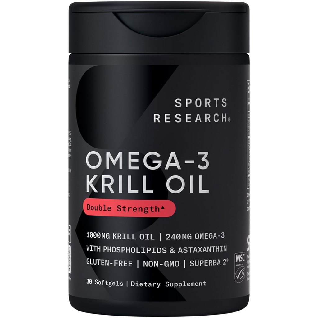 Sport de cercetare Krill Suplimentul de ulei cu EPA & DHA Omega 3, Fosfolipide și astaxantina din Antarctica Krill - cea mai mare concentrație de ulei Krill pentru bărbați și femei - 1000mg, 30 capsule Softgel