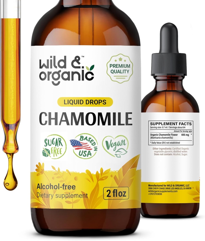 Mușețel de mușețel sălbatic și organic - supliment de musetel relaxant și calmant - picături de extract de flori lichide - Vegan, zahăr și alcool - 2 fl oz