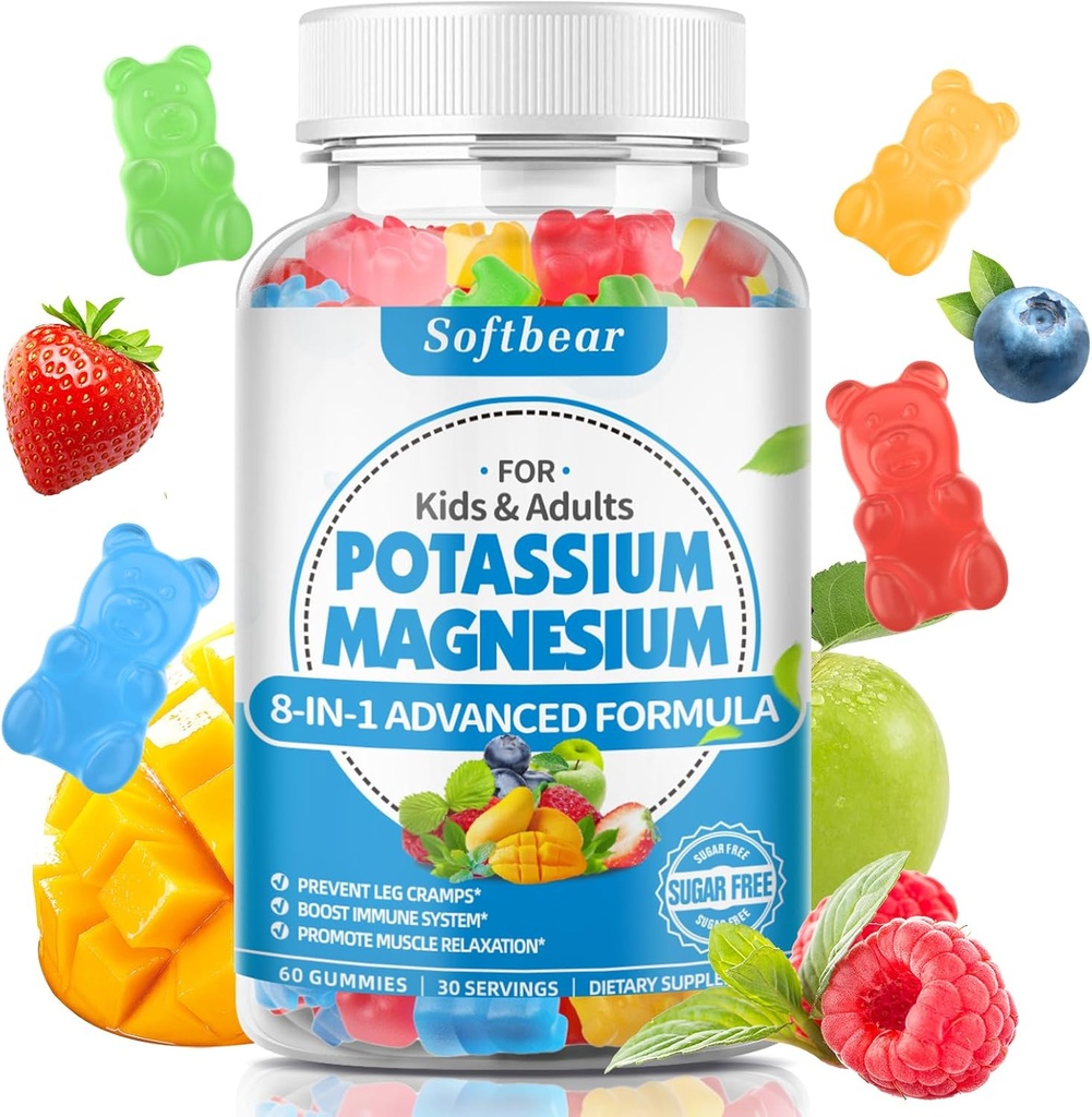 urs moale Gume de potasiu pentru adulţi, absorbţie mare Supliment de magneziu de potasiu cu vitamina B6 CoQ10 pentru picioare cramps & musculare Sănătate zahăr-gratuit Vegan fruct mixt Flavor 60 Gummie