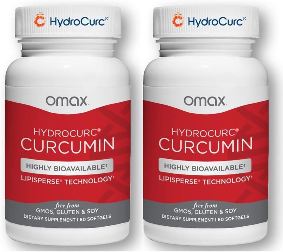 Omax3 2 Pack- HydroCurc Curmeric Curcumin Softgels, extrem de biodisponibil ulei MCT Nanoparticule pentru potenta si absorbtie, sanatate comuna, 120 Softgels