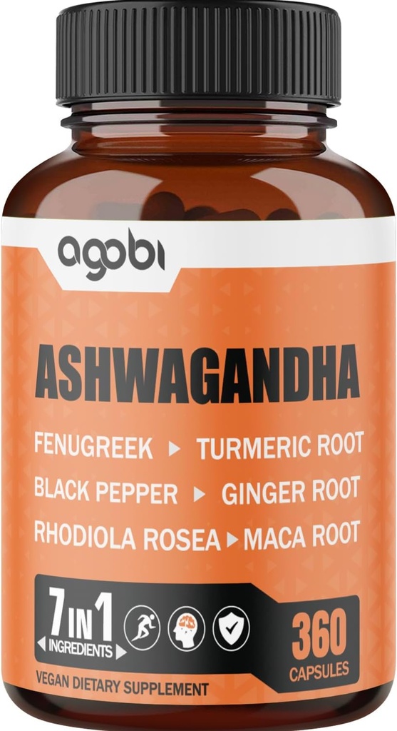 7 în 1 Ashwagandha 8050mg - Combinat cu Schinduf, Maca, Turmeric, Rhodiola, Ginger, și Pepper negru - Mood, Putere, Spirit și Suplimentul de sprijin energetic - 360 capsule - 12 luna de aprovizionare