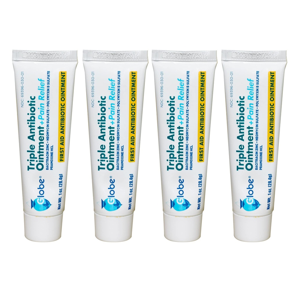 Globe (4 Pack Triple Antibiotic + Relief Ointment 1 oz, Primul Ajutor Antibiotic, Soothes Durere, Tăieturi, Arsuri și Scrapes 24 de ore de protecție infecție