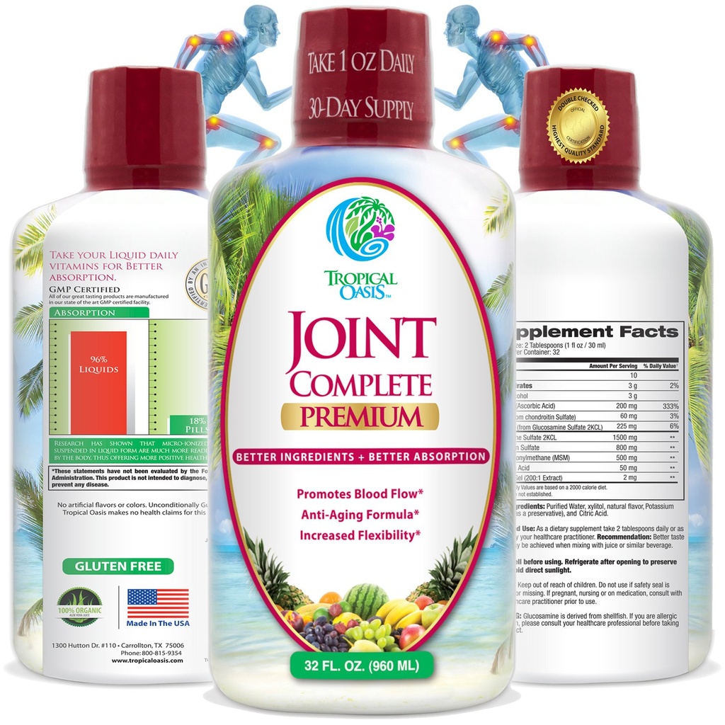 Oasis Tropical Joint Complete Premium - Liquid Joint Supplement with Liquid Glucosamine Sulfat, Chondroitin, MSM & Acid hialuronic - 96% Max Pana 32oz, 32 serv, 33484