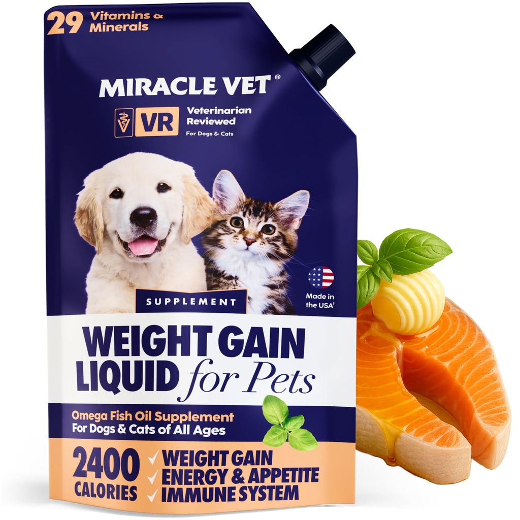 Miracle Vet High-Calorie Greutate Gainer pentru câini și pisici - Multivitamine Supliment nutritional Gel, Ulei de pește Omega, Calciu - Cățeluș, Senior, Cat Prenatal & Vitamine de câine, Suplimente pentru câștig în greutate