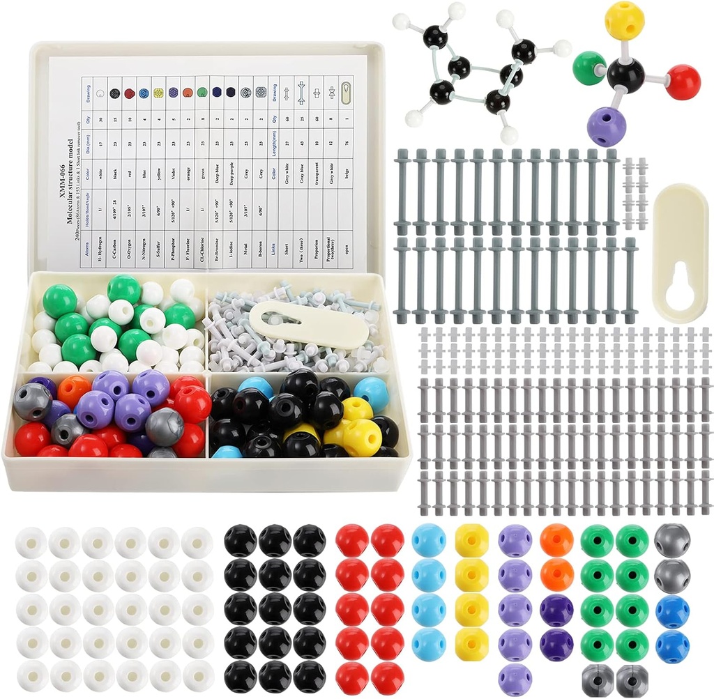 YOPAY 240 piese Molecular Model Kit, Organic and Enorganic Chemistry Molecular Structure Model, 86 Atomi și 153 Link-uri și 1 scurt link Remover Tool