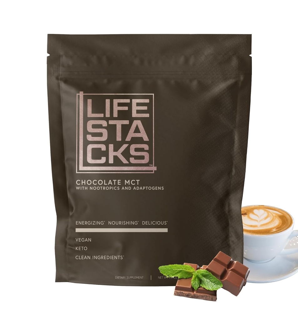 LIFESTACKS Focus Chocolate Coffee Creamer for Energy - MCT Powder + Nootrops + Adaptogens - Boost Productivity without Jitters or Crash - Keto, Vegan, 0 Sugar - with Taurina, L-Tyrosine, Rhodiola