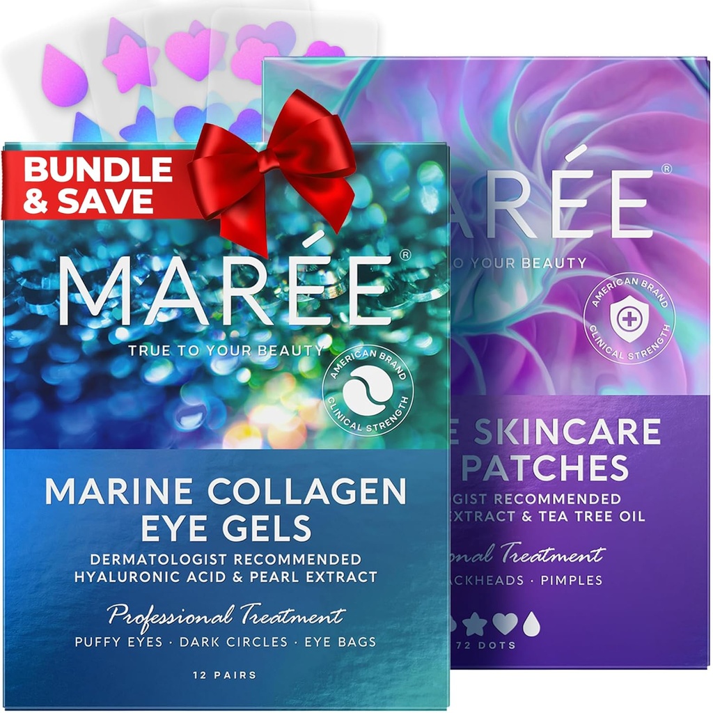 MARE EYE Gels & Acnee Dispozitive Сlearing Bundle - Geluri sub ochi pentru ochi Puffy Eyes și Cercuri Întunecate, Dispozitiv de terapie cu acnee hidrocoloid - Acid colagen & hialuronic marin, Extract de alge verzi și ulei de arbore de ceai