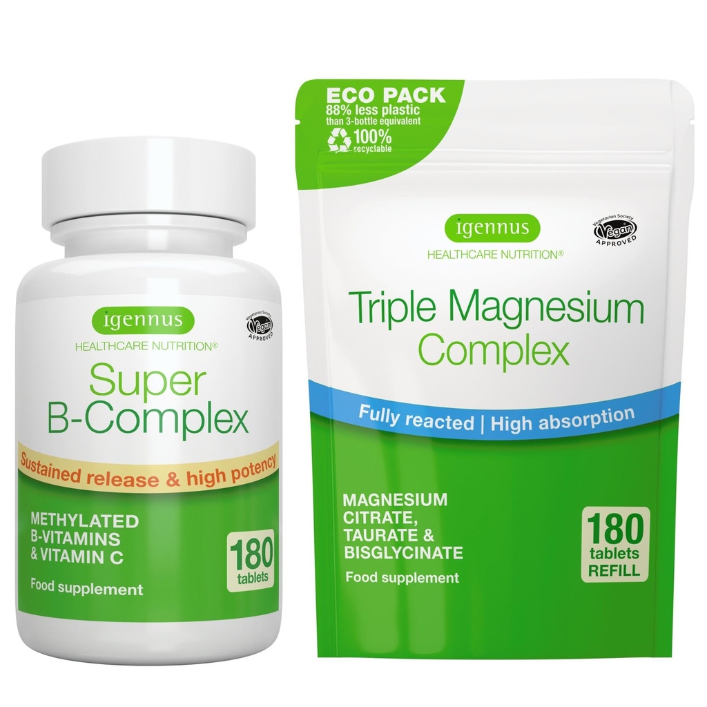 Super B- Complex 180 comprimate + Triple Complex de magneziu 180 comprimate Vegan Bundle, metilat de eliberare B Complex + absorbţie mare Glicinat de magneziu Chelated, Taurate & Citrate, de Igennus