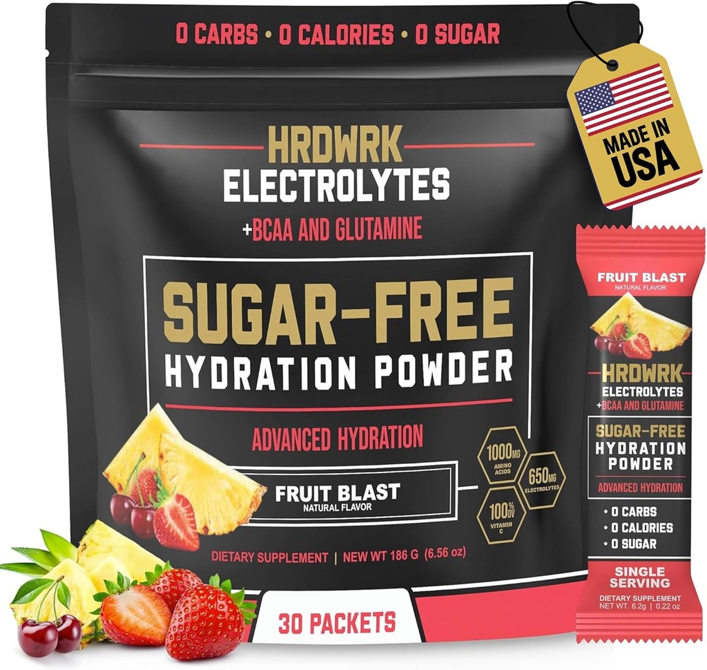 HRDWRK Electroliti Pachete de pulbere cu magneziu, sodiu de potasiu, hidratare Keto - BCAA Electrolit Pachete de pulbere cu glutamina, 30 Electroliti Pachete de pulbere Zahar (Frut Blast)