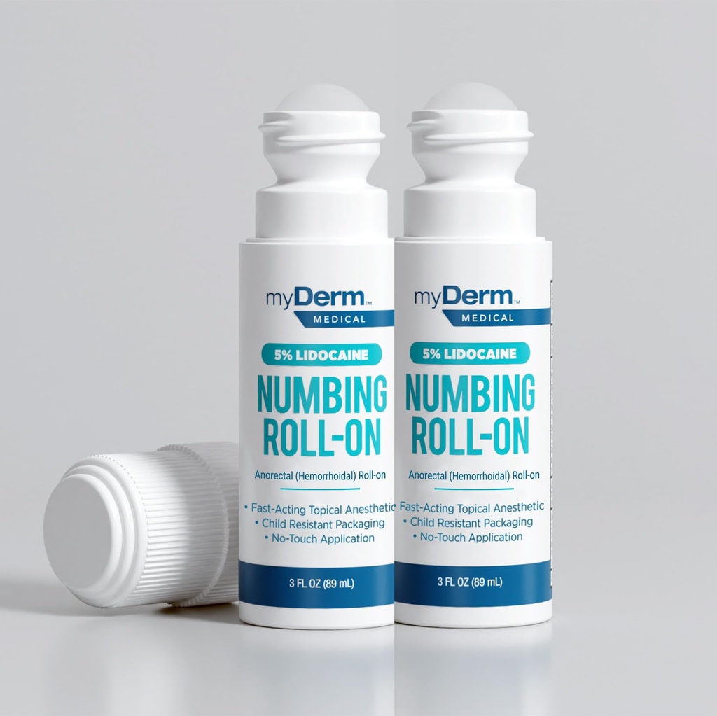 Myderm Medical 5% Lidocaină Numbing Roll On - pachet de 2 - pentru dureri minore, zgarieturi si discomfort hemoroizi - Made in the USA