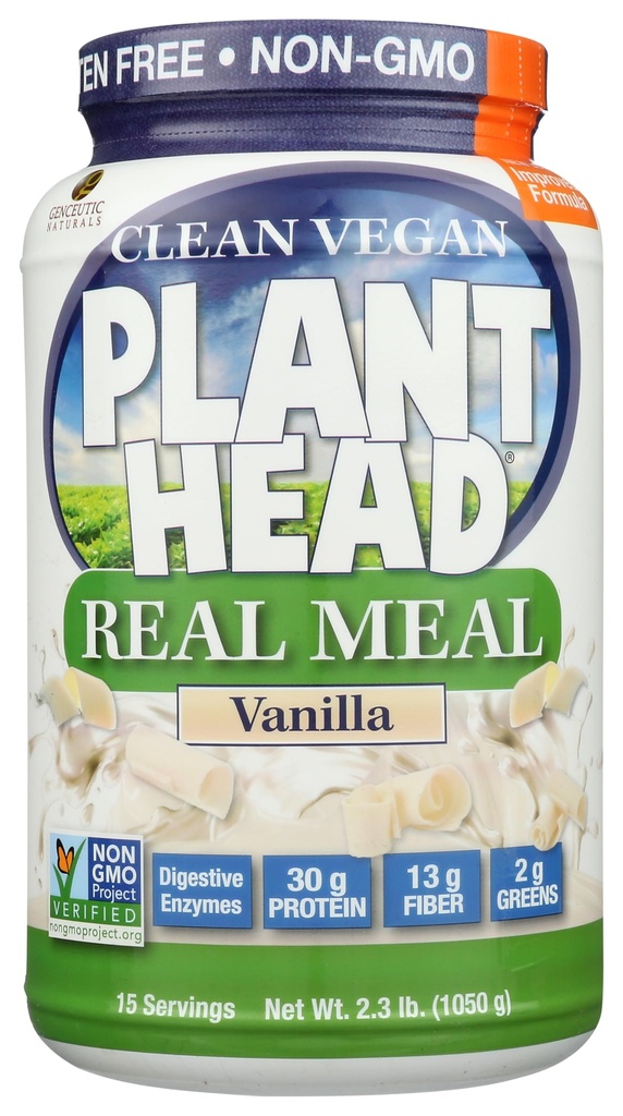 Plant Head Real Meal Organic Plant based Proteine Powder, Vanilla - Vegan, Net carbohidrati, Non Dairy, Gluten Free, Lactoză gratuit, Fără zahăr adăugat, 2.3 Pound
