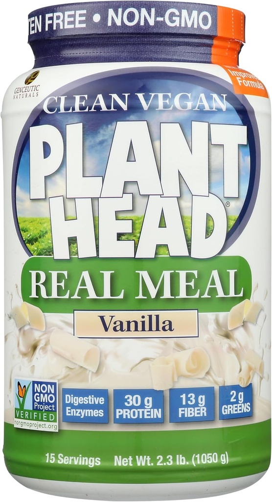 Plant Head Real Meal Organic Plant based Proteine Powder, Vanilla - Vegan, Net carbohidrati, Non Dairy, Gluten Free, Lactoză gratuit, Fără zahăr adăugat, 2.3 Pound