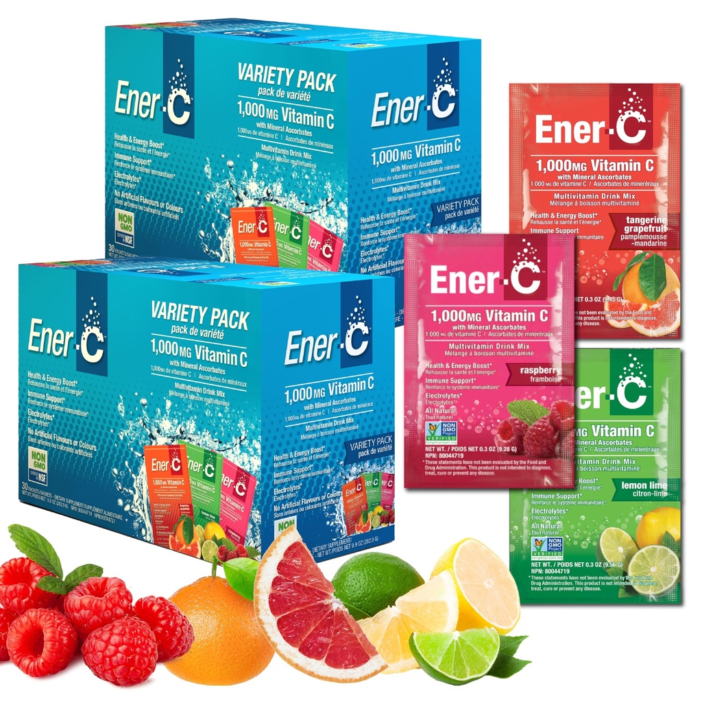 Ener-C Multivitamine Drink Mix - Vitamine Pachete pentru apă, Electroliți Pachete pentru pulbere, Vitamine Drink Mix, Hidratare Lichid Mix, Immune Booster pentru adulți, Energie Sanatos - Varietate Pachet, 60 Conte