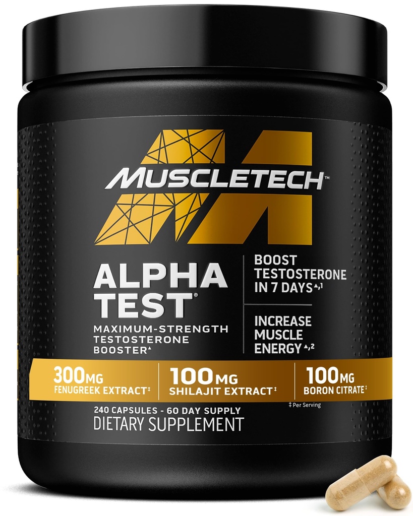 MuscleTech Testosteron Booster pentru bărbaţi, AlphaTest - T-Boost Mens Supliment cu Tribulus Terrestris & Boron - Daily Gym Extensii de antrenament pentru cresterea musculara, rezistenta si energie - 240 pastile
