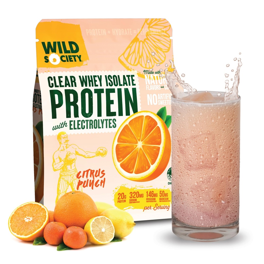 SOCIETY WILD - Proteina whey curata + Electroliti - Refreshing Whey Protein Izolat pulbere - 20g Proteina, 0 Zahăr adăugat, OMG-free, arome naturale și culori - Citrus Punch, 16 oz