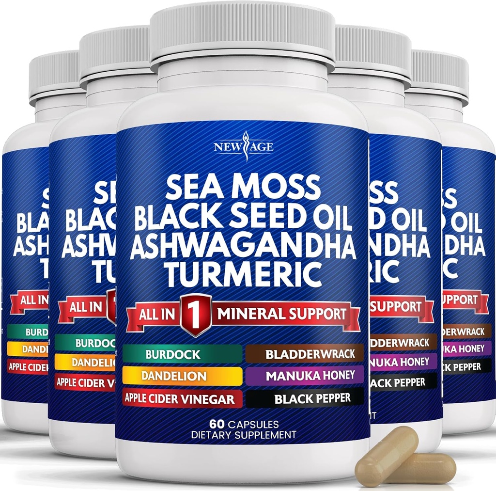 NEW AGE Sea Moss Black Seed Oil Ashwagandha Turmeric Bladderwrack Braddock - cu Manuka, Honey Dandelion, ACV Black Pepper Gluten gratuit