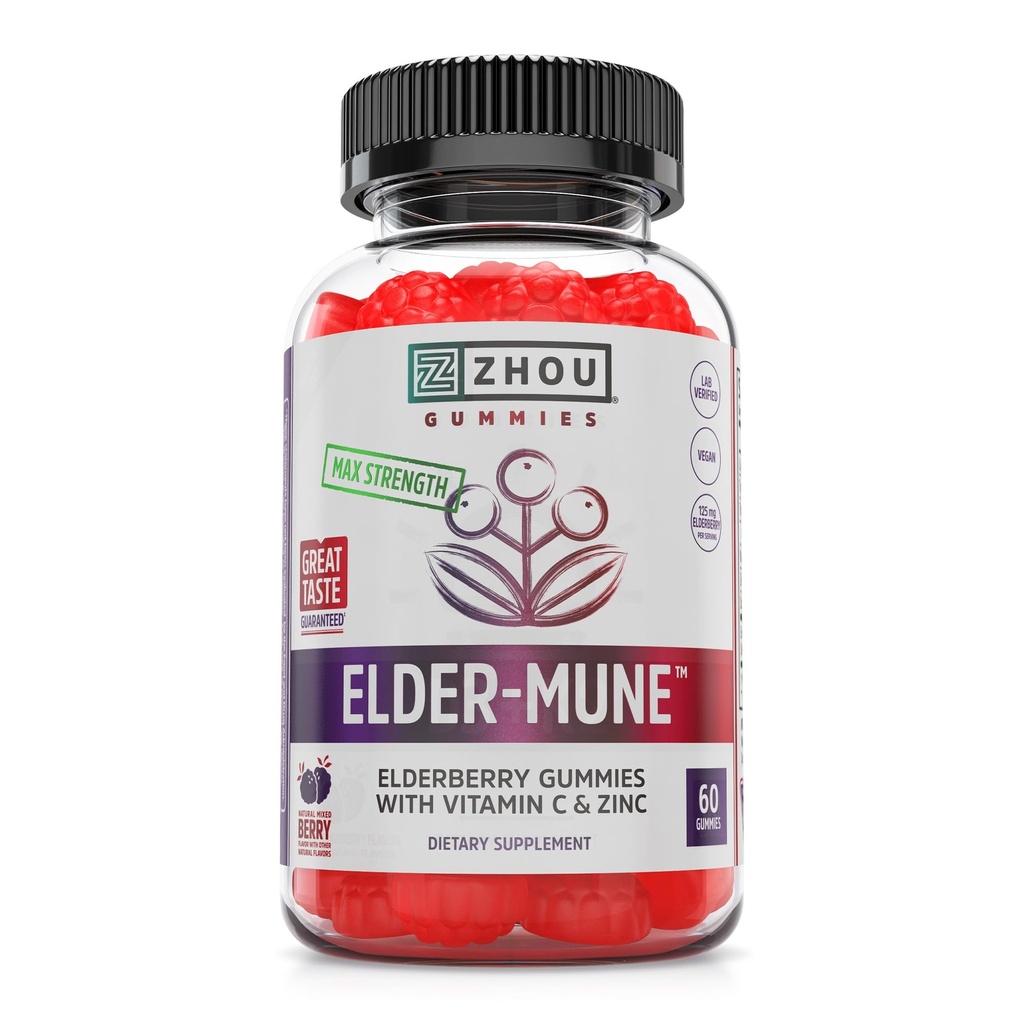Zhou Elder-Mune Elderberry Gummies - Elderberry Vitamina C și Zinc, Zilnic Immune Supplemenet pentru femei și bărbați, Mestec natural Black Elderberry pentru adulți și copii 4 & Up - 60 Gummies