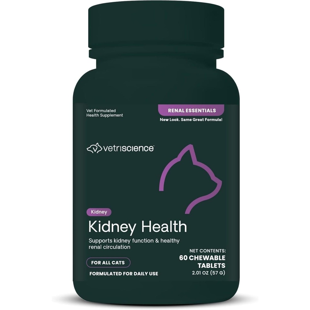 VetriScience Rinichi sanatate Tablete masticabile, Renal Essentials Supliment pentru pisici, Ingrijirea Rinichilor si Suport cu Mushroom, Astragalus Root, Nettle Seed and Herbs, Pui si peste, 60 Conte