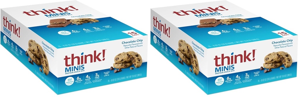 Gândeşte-te! MINIS Proteine Snack Baruri, Gluten gratuit, Ciocolata Chip, 15 Conte (Pachet de 2)