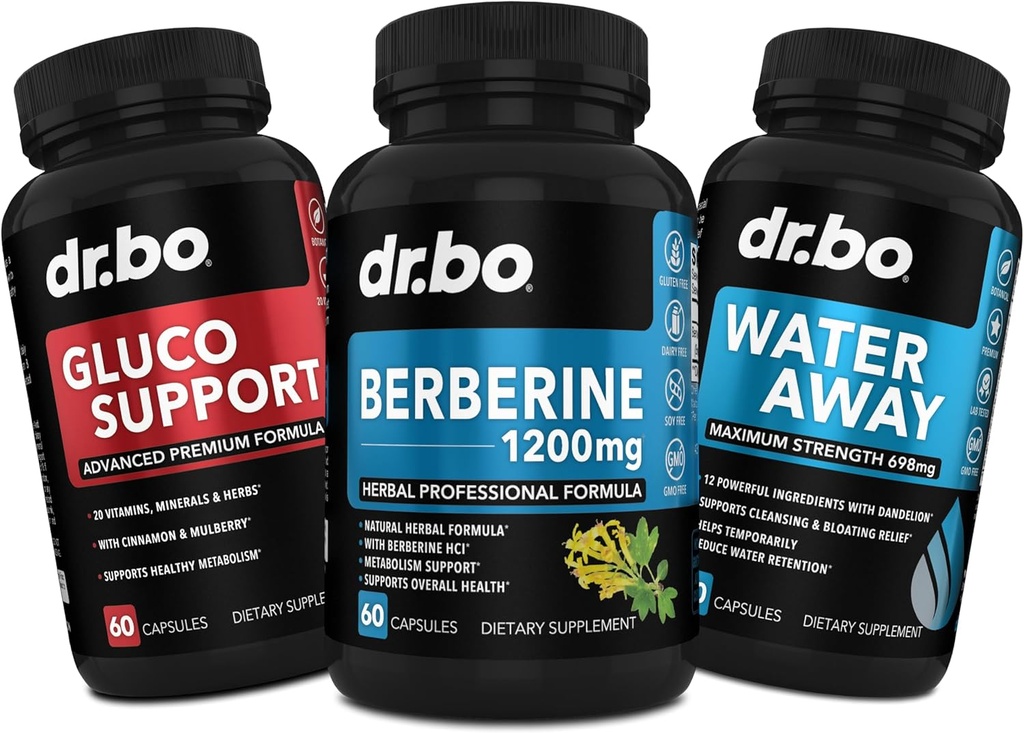 DR. BO Berberine supliment de suport metabolic și pastile de apă - 1200 mg Berberine HCL Supliment pentru suport metabolic sănătos - Premium HCL 600 mg per capsulă și pastile de apă Diuretice Reţinere