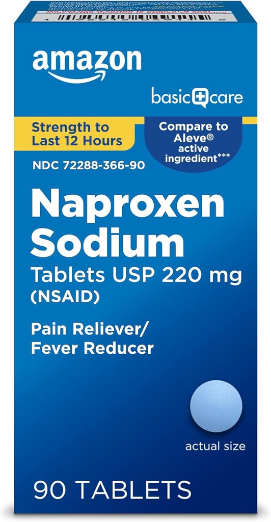 Amazon Basic Care Naproxen Sodium Caplets 220 mg, 12-Hour Fever Reducer (NSAID) and Pain Reliever for Muscle Aches, Backache, Headache, Toothache, Minor Arthritis, 90 Count (packaging may vary)