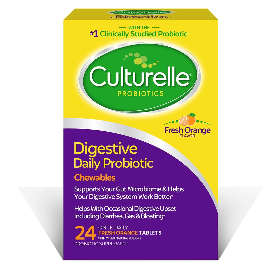 Culturelle Digestive Health Daily Probiotic Chewables, Probiotic pentru bărbați și femei, Cel mai studiat clinic Probiotic Strain, 10 Miliarde CFUs, Sprijină Diaree ocazionale, Gaz & Blooting, 24 Conte