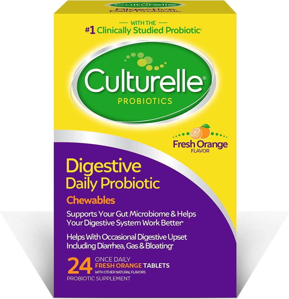 Culturelle Digestive Health Daily Probiotic Chewables, Probiotic pentru bărbați și femei, Cel mai studiat clinic Probiotic Strain, 10 Miliarde CFUs, Sprijină Diaree ocazionale, Gaz & Blooting, 24 Conte