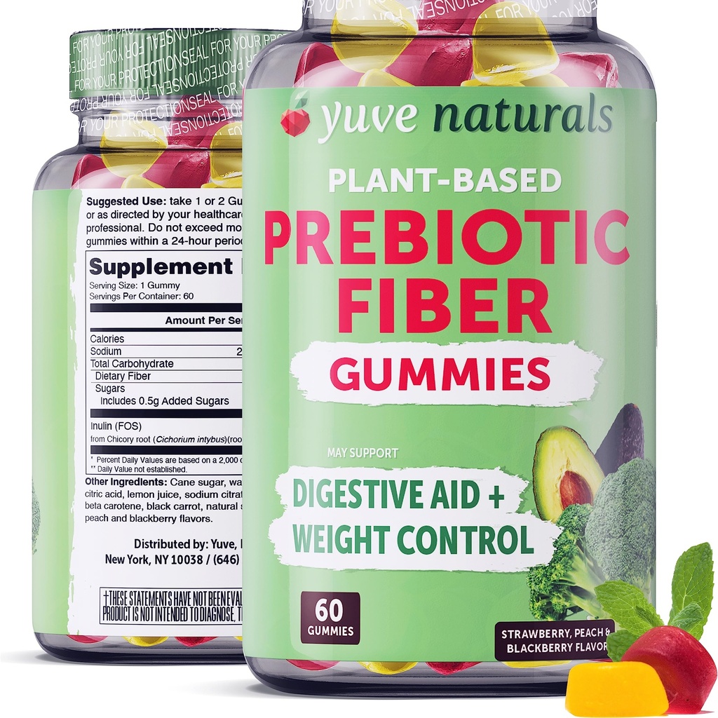Yuve Prebiotic Fiber Gumries - Delicious - 3g Soluble Fiber Supplement - Suporturi Digestive Health & Regularity - Vegan & Gluten-Free Fiber Gummies pentru adulți și copii - Non-GMO & Low Sugar - 60 Count