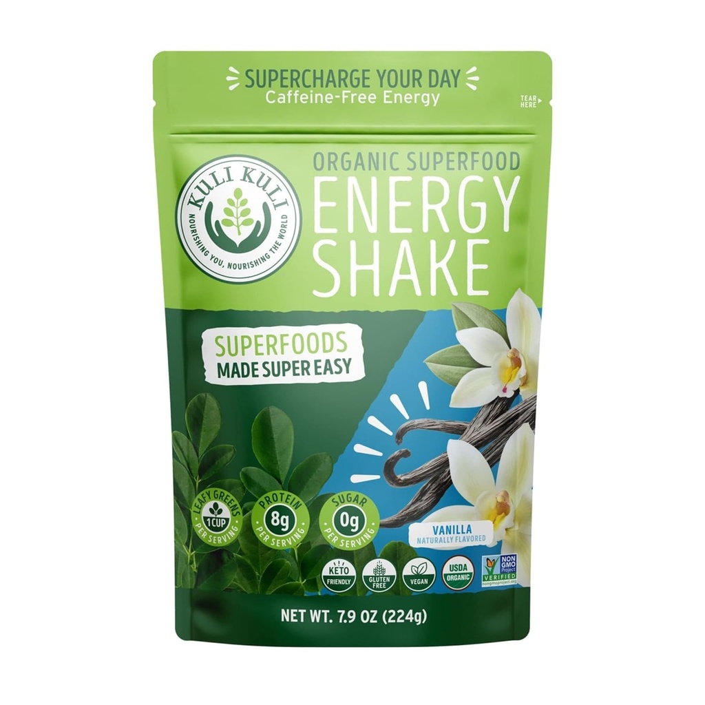 Kuli Kuli Organic Moringa Greens Smoothie Mix - Smoothie Mix de proteine pe bază de plante, Vanilie, 7,9 Ounce Pouch, Vegan și Gluten-Free cu 8g Proteina pea și 1 Cupa Verde Per Serving