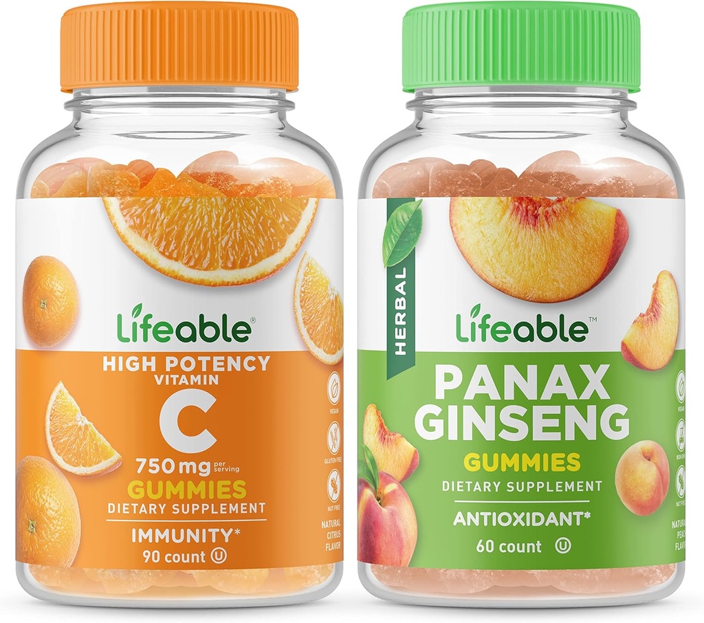 Vitamina de viață C 750mg + Panax Ginseng, Gummie Bundle - mare Tasting, Supliment de vitamine, gluten gratuit, OMG gratuit, Guma de mestecat