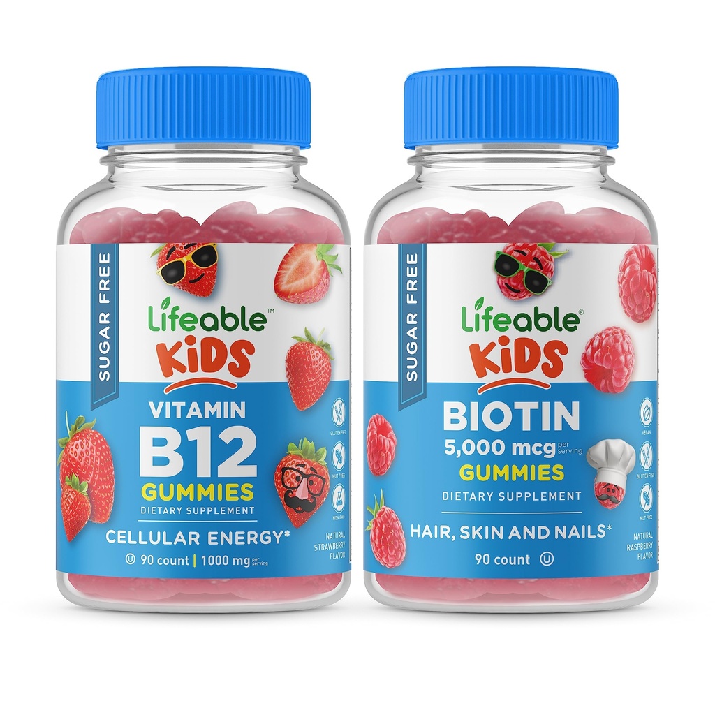 Vitamina B12 pentru copii + Fibră preciotică Copii, Gume Bundle - Tasting mare, Supliment de vitamine, Gluten gratuit, OMG gratuit, Guma de mestecat