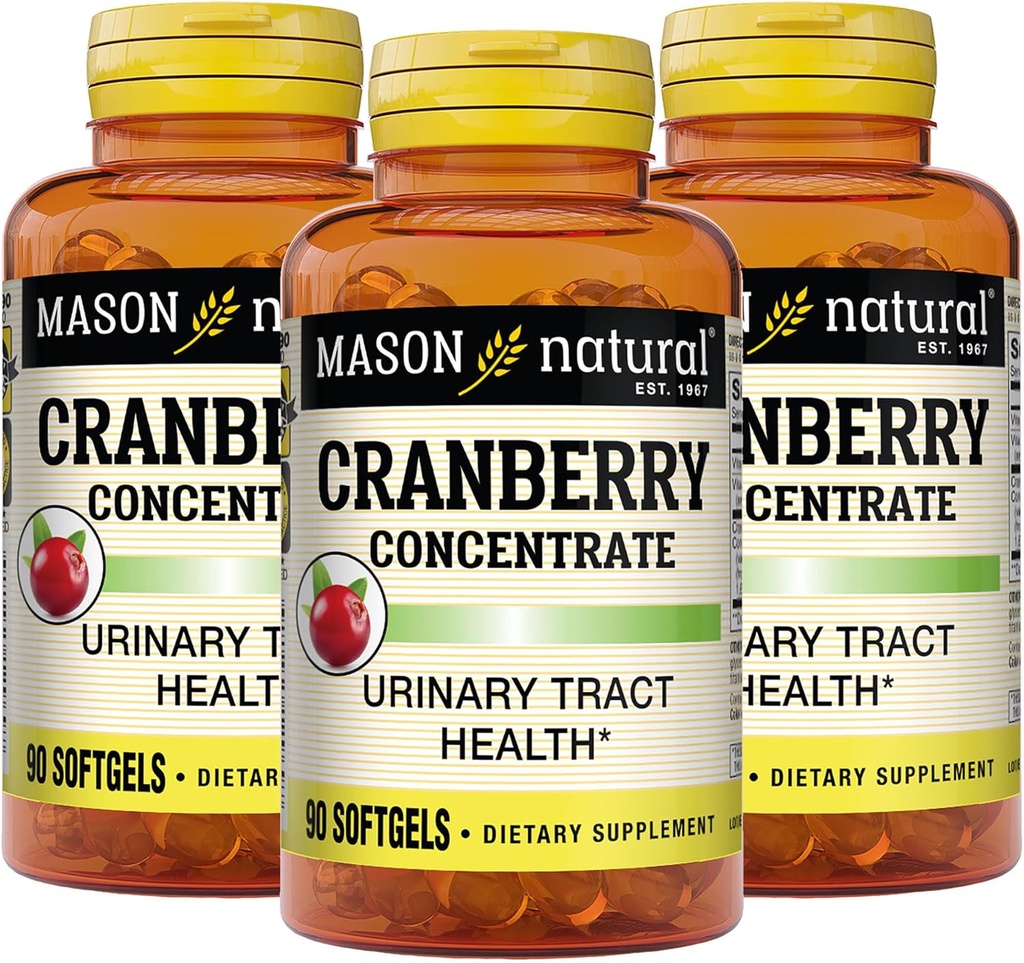 MASON NATURAL Cranberry 12:1 Concentrat cu vitamina C & E, Suportă Imun & Sănătate urinară, 90 Capsule, Pachet de 3