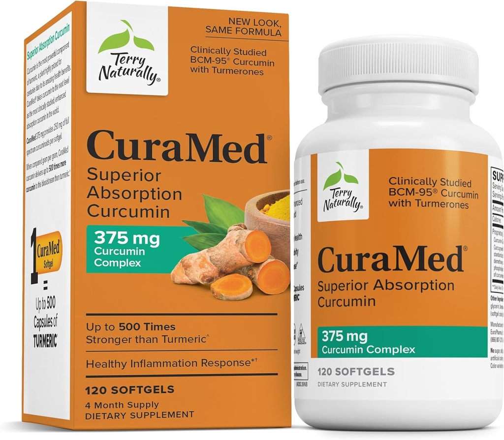 Terry Natural Curamed 375mg - Supliment antioxidant pentru Brain & Imuna de sprijin pentru sanatate - Supliment alimentar cu Curcumin si ulei esential Turmeric - Suport pentru ficat vegetal - 120 Softgels